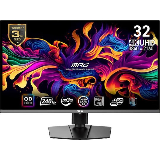 MSI MONITOR GAMING MPG 321URX QD-OLED, FLAT QD-OLED UHD 4K, 32", 16:9, 250CD/M2, 1.500.000:1, 0,03MS, 240Hz, 3840x2160, 2x HDMI/ DP/ TYPE-C/ HP OUT, PIVOT, HAS, TILT, SWIVEL, BLACK, 3YW.