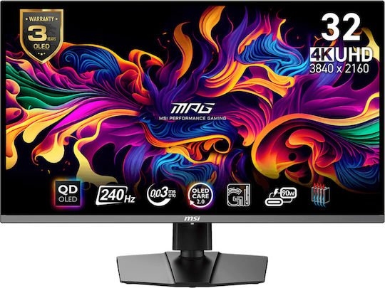 MSI MONITOR GAMING MPG 321URX QD-OLED, FLAT QD-OLED UHD 4K, 32", 16:9, 250CD/M2, 1.500.000:1, 0,03MS, 240Hz, 3840x2160, 2x HDMI/ DP/ TYPE-C/ HP OUT, PIVOT, HAS, TILT, SWIVEL, BLACK, 3YW.