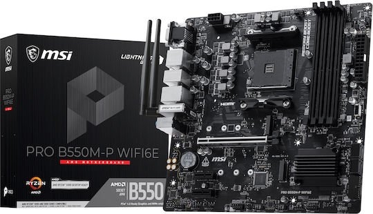 MSI MB PRO B550M-P WIFI6E, SOCKET AMD AM4, CS AMD B550, 4 DIMM SOCKETS DDR4, HDMI/ DP/ VGA, PCI-E GEN 4.0, GIGABIT LAN, MICRO-ATX, 3YW.