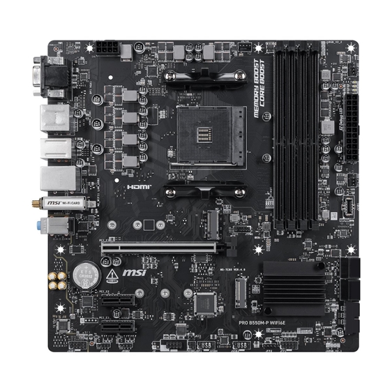 MSI MB PRO B550M-P WIFI6E, SOCKET AMD AM4, CS AMD B550, 4 DIMM SOCKETS DDR4, HDMI/ DP/ VGA, PCI-E GEN 4.0, GIGABIT LAN, MICRO-ATX, 3YW.