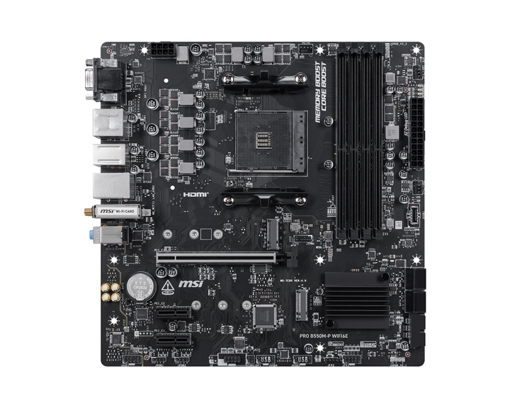 MSI MB PRO B550M-P WIFI6E, SOCKET AMD AM4, CS AMD B550, 4 DIMM SOCKETS DDR4, HDMI/ DP/ VGA, PCI-E GEN 4.0, GIGABIT LAN, MICRO-ATX, 3YW.